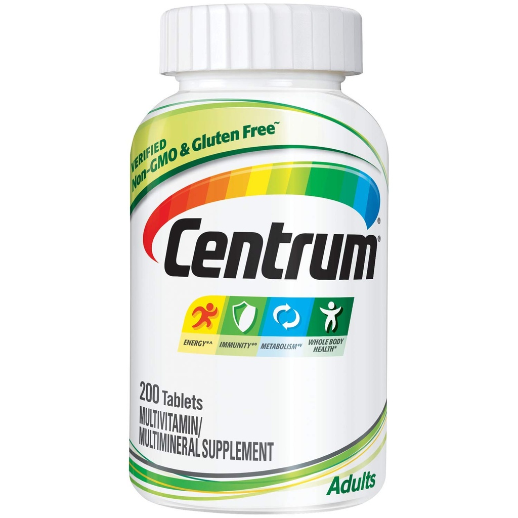 Centrum Voksen Multivitamin / Multimineral Supplement med antioxidanter, zink, vitamin D3 og B Vitamin, Gluten Free, Non- GMO Ingredienser - 200 Tæl