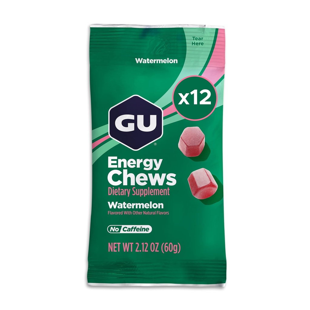 GU Energy Chews, Watermelon Energy Gummies med Electrolytes, Vegan, Gluten- Free, Kosher, Caffe- Free, og Dairy- Free On- The- Go Energy for enhver træning, 12 tasker (24 Servere i alt)