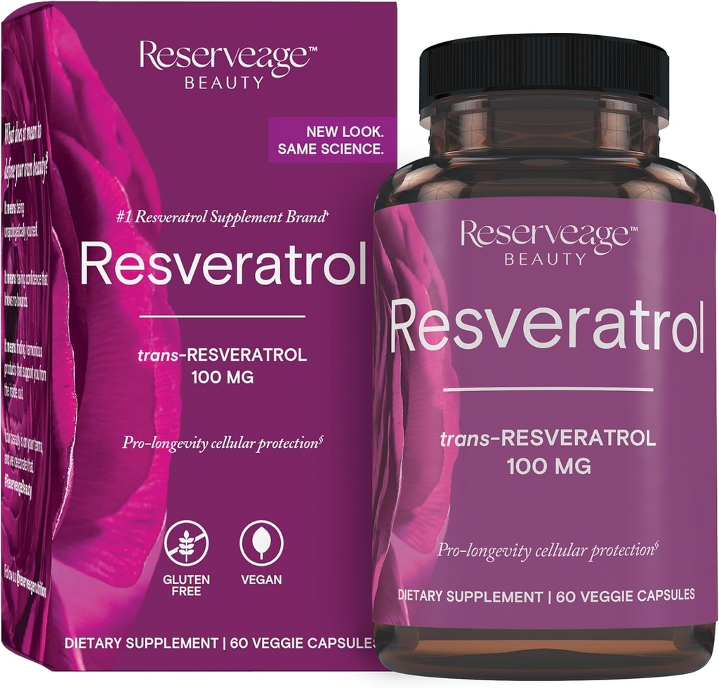 Reserveage Skønhed, Resveratrol 100 mg, Antioxidant supplement til hjerte og cellulær sundhed, understøtter sund aldring og immunsystem, Paleo, Keto, 60 kapsler (60 Servere)
