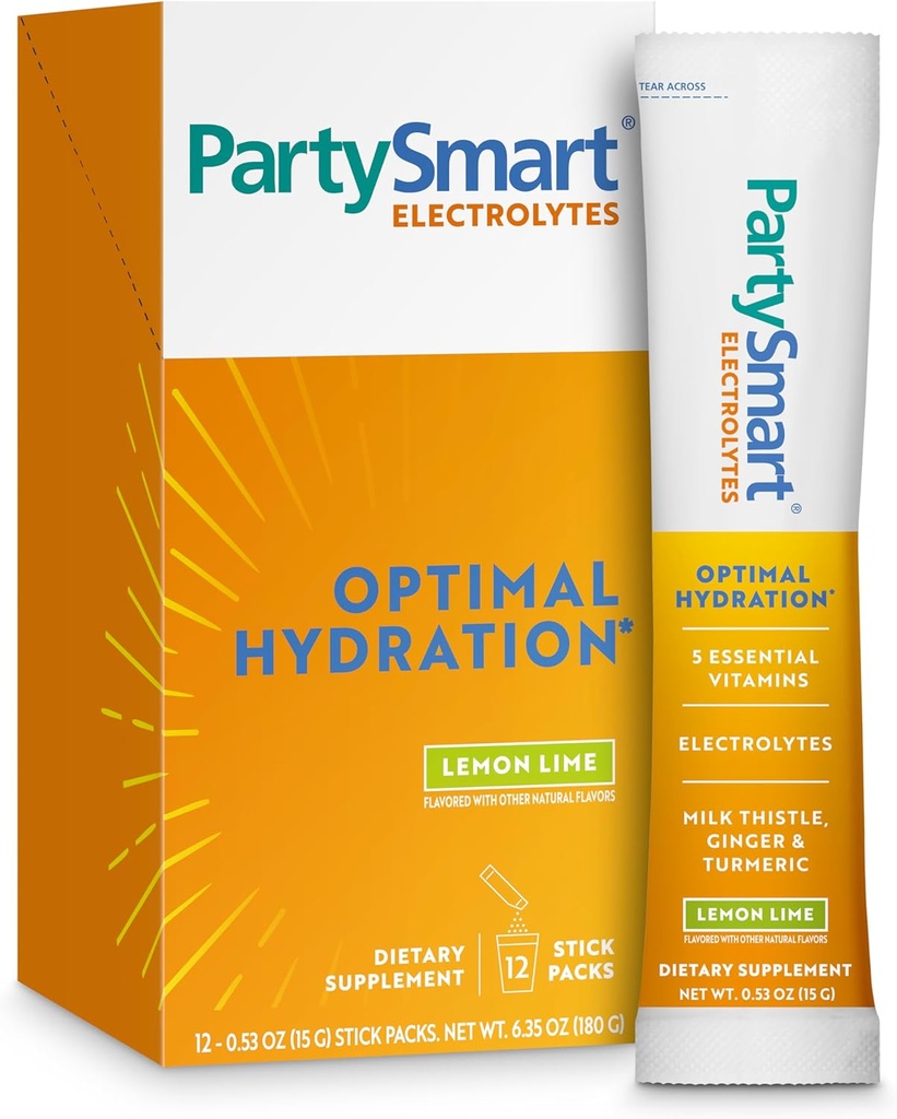 Himalaya PartySmart Lemon Lime Electrolytes Powder Packets, 12 Greve, Support Hydration, Rehydrat med natrium & kalium, C-vitamin & mere, Antioxidant Recovery Blend Milk Thistle, Ginger & Gurkemeje