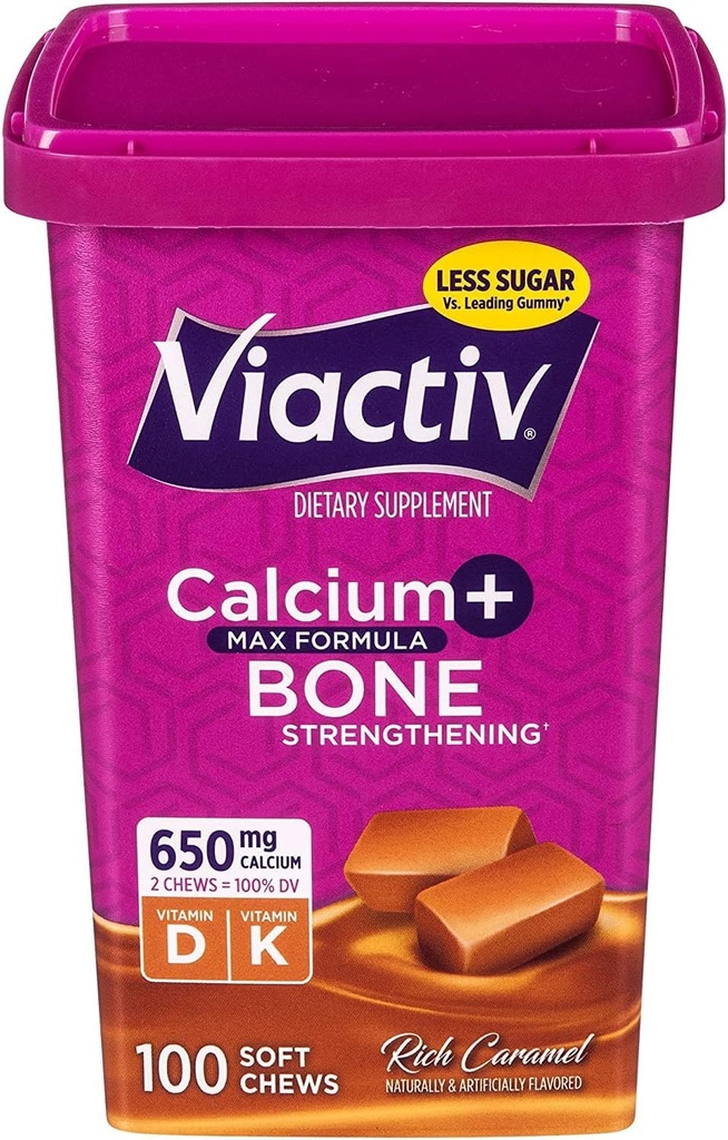 Viactiv Max Formel Calcium + D3- vitamin supplement til knoglesundhed, Rich Caramel, 100 Soft Chews - 6 Pack