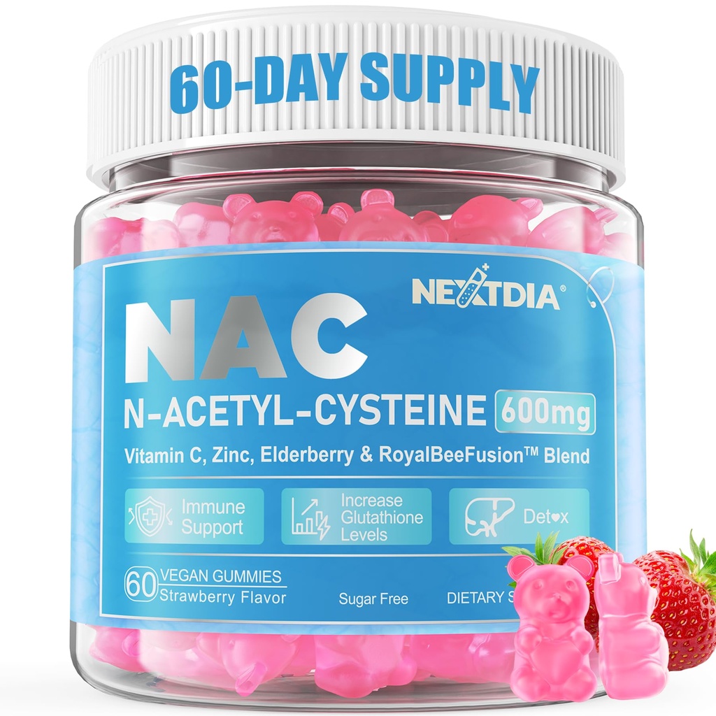 Nextdia NAC Gummies for Kids & Voksnes, Chewable N- Acetyl Cysteine Supplement 600mg 1000mg w / vitamin C, Zink, Elderberry for Antioxidants & immunforsvar, Lung & Liver Health, Sugar Free, 120 Ct