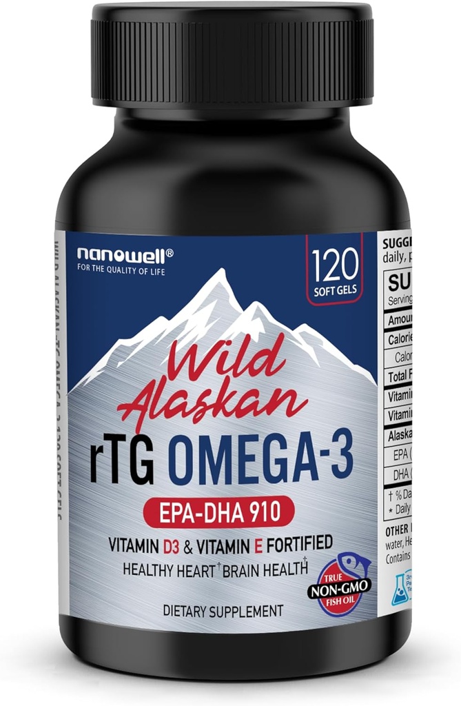 NANOWELL Wild Alaska rTG Omega-3 Fish Oil 1196mg - EPA, DHA, D3- vitamin & E - 120 Softgels, 60 dages forsyning