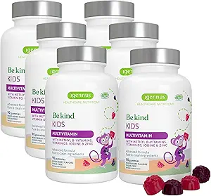 Igennus Methylerede Kids Multivitamin Gummy, MTHFR, Ingen kunstige sødestoffer eller smagsstoffer, Sukker fri, Alder 4 +, 90 Natural Berry Flavor Gummies fra Fruit Powder, Non- GMO, Halal, Clean Label x6