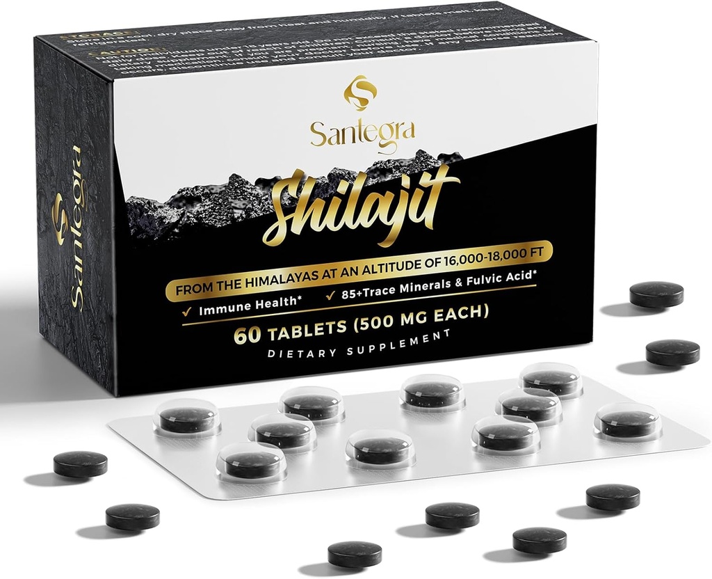 30.000 MG Shilajit Tablets, 100% Shilajit Pure Tablets for Women & Men, Himalayan Organic, Fulvic Acid & 85 + Trace Minerals, Resin Supplement for Energy and Immune System, 60 Counts