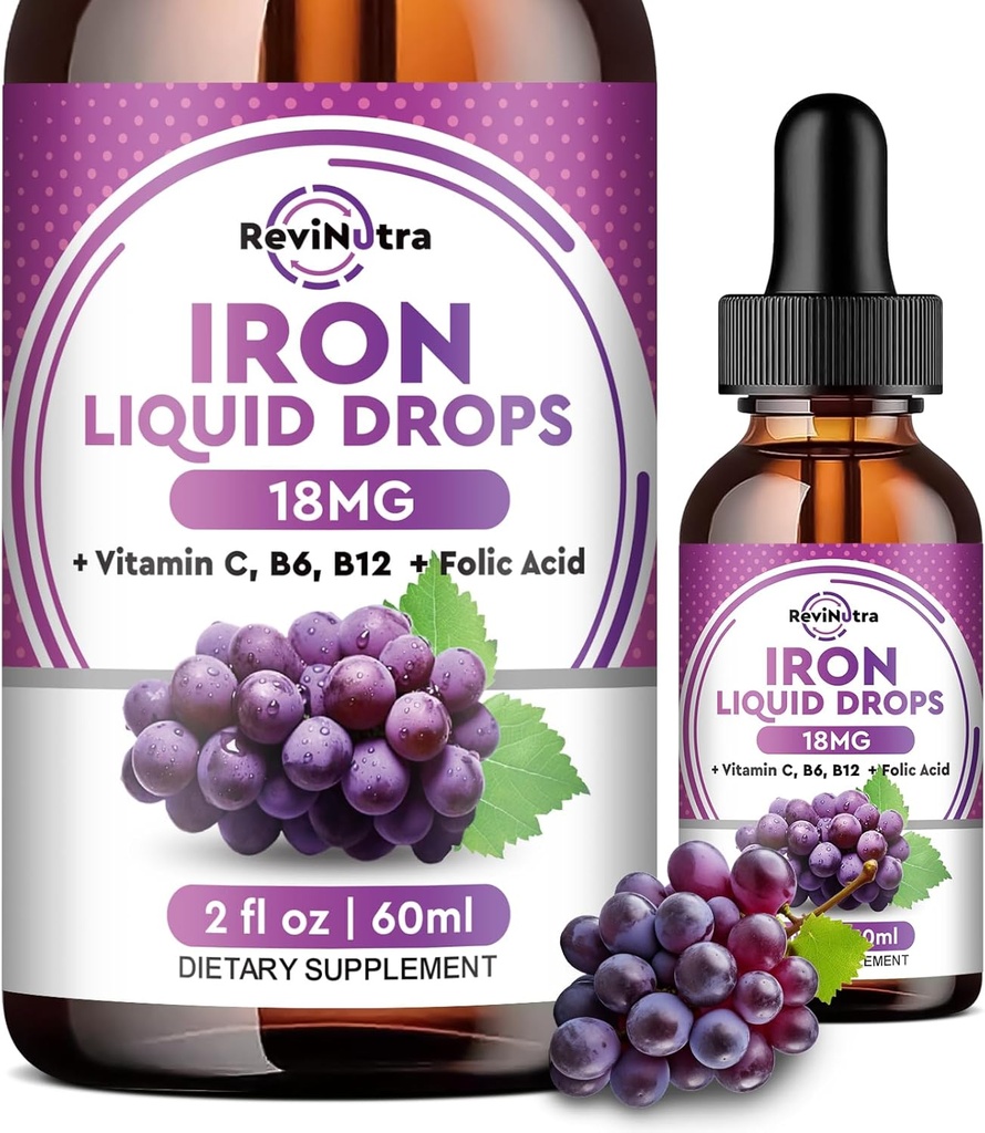 Flydende jerntilskud til kvinder, mænd og børn - Flydende jerndråber med folat, C-vitamin, B6, B12 for anæmi, Red Blood Cell, Energy Support - Grape Flavor, 2 Fl Oz