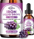 Flydende jerntilskud til kvinder, mænd og børn - Flydende jerndråber med folat, C-vitamin, B6, B12 for anæmi, Red Blood Cell, Energy Support - Grape Flavor, 2 Fl Oz