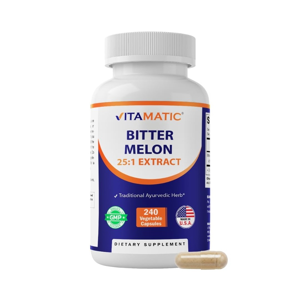 Vitamatic Bitter Melon - 25000 mg Ækvivalent Per Servering (fra 25: 1 Uddrag 1000 mg) - 240 Vegetariske Kapsler, og Koncentreret 25X Potency 100% Vegetarisk, All- Natural og Non- GMO