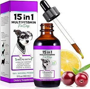 Hund Multivitamin, 15 i 1 Hund Multivitamin Liquid Drops Kosttilskud, Hund Vitaminer for hjerte sundhed, Bones, Joint, Hud & Coat, Bstige, Immunsystemet Support 60ml
