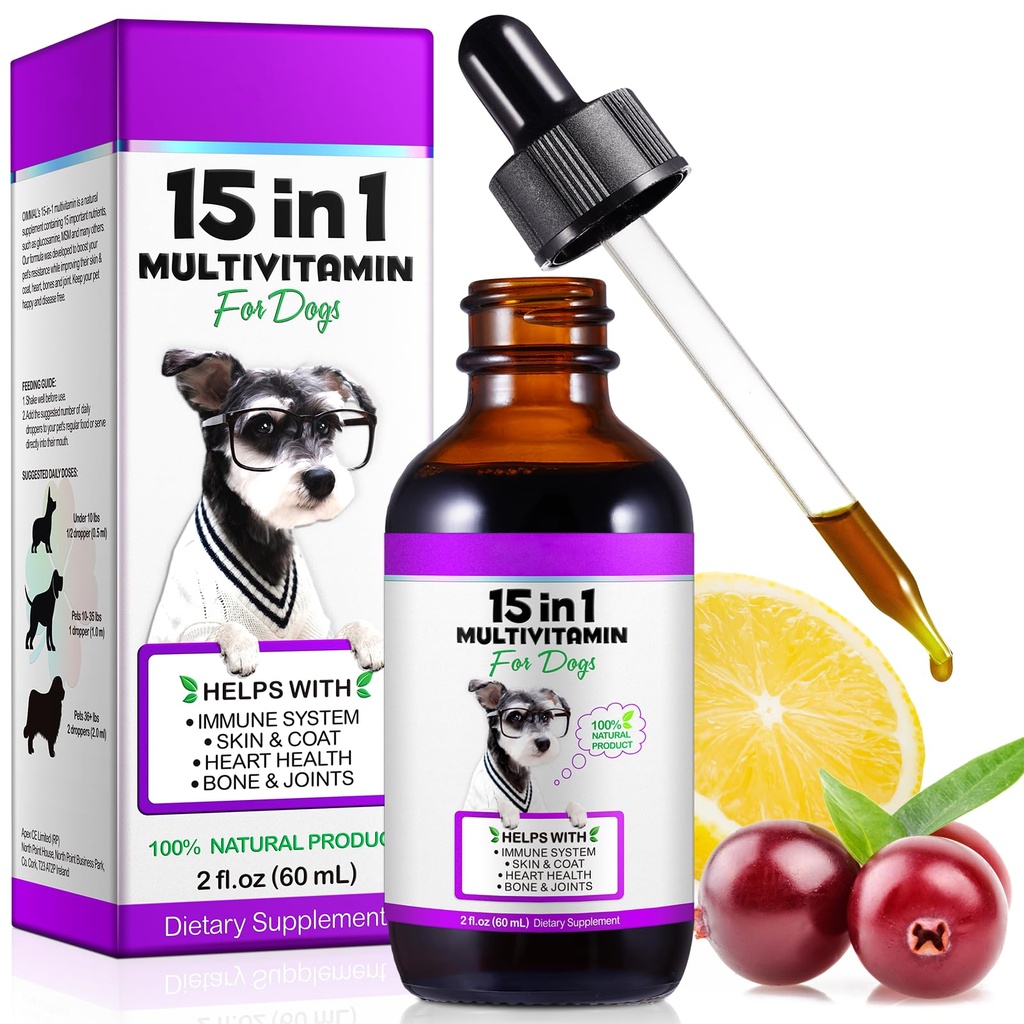 Hund Multivitamin, 15 i 1 Hund Multivitamin Liquid Drops Kosttilskud, Hund Vitaminer for hjerte sundhed, Bones, Joint, Hud & Coat, Bstige, Immunsystemet Support 60ml