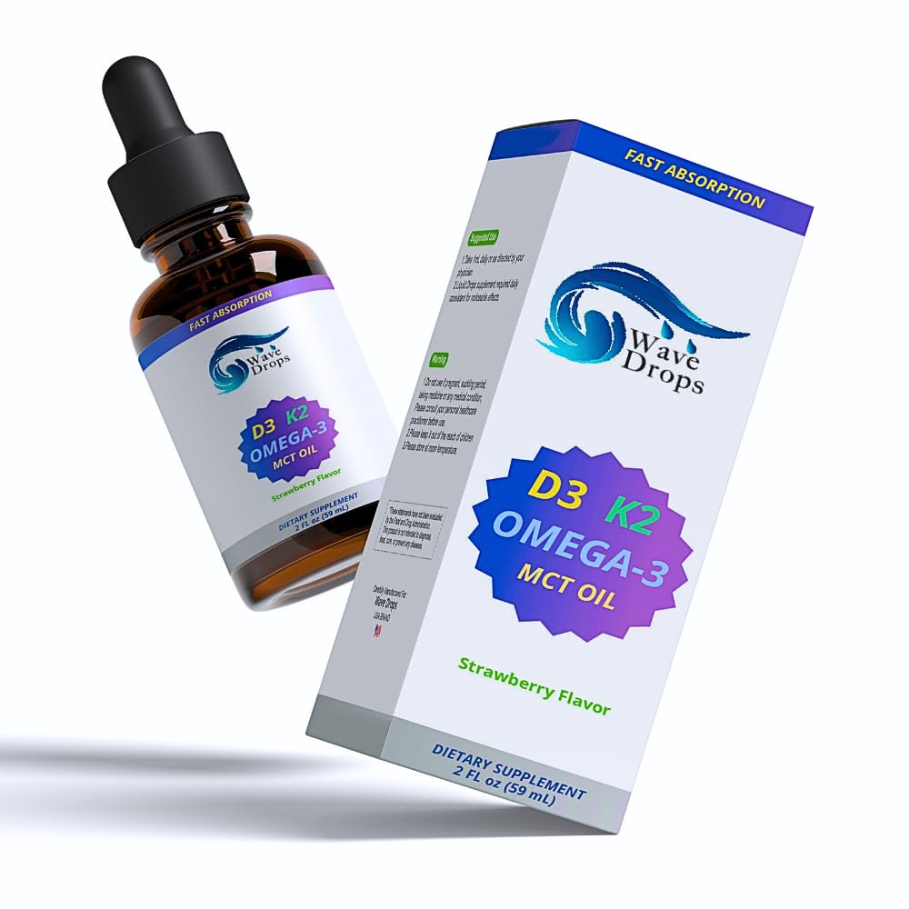 Maksimal styrke Vitamin D3 & K2 + MCT Olie & Omega 3: Flydende dråber til immunsystemet, hjernefunktion og energi (ingen fyldstoffer, ikke-GMO, 2 Fl Oz)