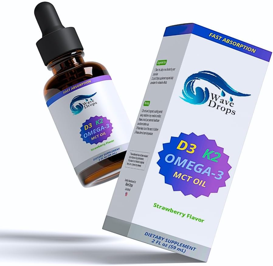 Maksimal styrke Vitamin D3 & K2 + MCT Olie & Omega 3: Flydende dråber til immunsystemet, hjernefunktion og energi (ingen fyldstoffer, ikke-GMO, 2 Fl Oz)