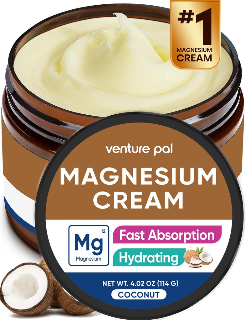 Venture Pal Magnesium Lotion, topisk Magnesiumcreme til søvn, ben kramper og smerter, muskelafslapning, rolig, fugtgivende supplement med kokosolie, Shea Butter & Hyaluronsyre, Sikker for børn