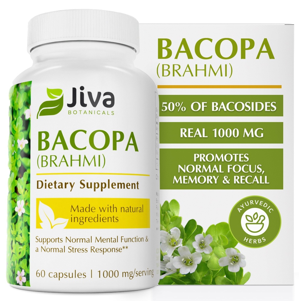 Jiva Botanicals Bacopa Monnieri Supplement Pure 1000mg per servering - High Potency Bacopa Monnieri (Brahmi) & Uddrag til normal hjerne, fokus, & hukommelse support - Ayurvedic urter - 60 kapsler