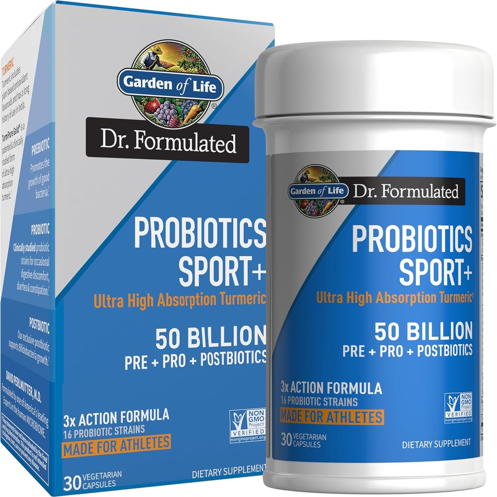 Livets have Dr. Formuleret Sport Probiotika Digestive Supplement, Organic Prebiotics for Women & Men Atletes, Klinisk Studerede Gurkemeje, 50 milliarder CFU, Gut Health, Acidophilus, 30ct