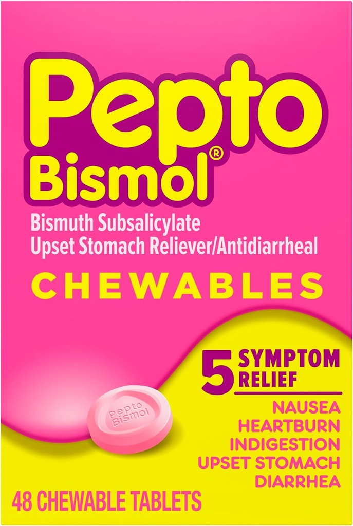 Pepto Bismol tyggetabletter til kvalme, hjerterytme, fordøjelsesbesvær, opsat mave og diarré - 5 symptomatiske hurtige relief, oprindelig type, 48 ng