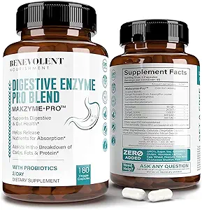 High Fiber fordøjelsesenzymer supplement - 180 kapsler, Proprietary 2500HUT Makzyme- Pro Blend Probiotika Plus Papaya, Bromelain, Multi Natural Extracts for Sund fordøjelse & Bloating Reduktion
