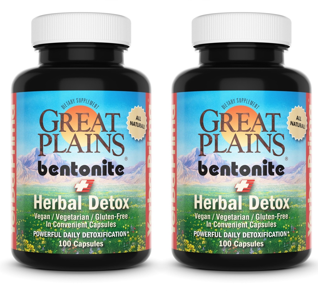 Yerba Prima Great Plains Bentonite Clay Caps Plus Herbal Detox (pakke med 2) - Food Grade - Lever & Colon Cleanse supplement kapsler