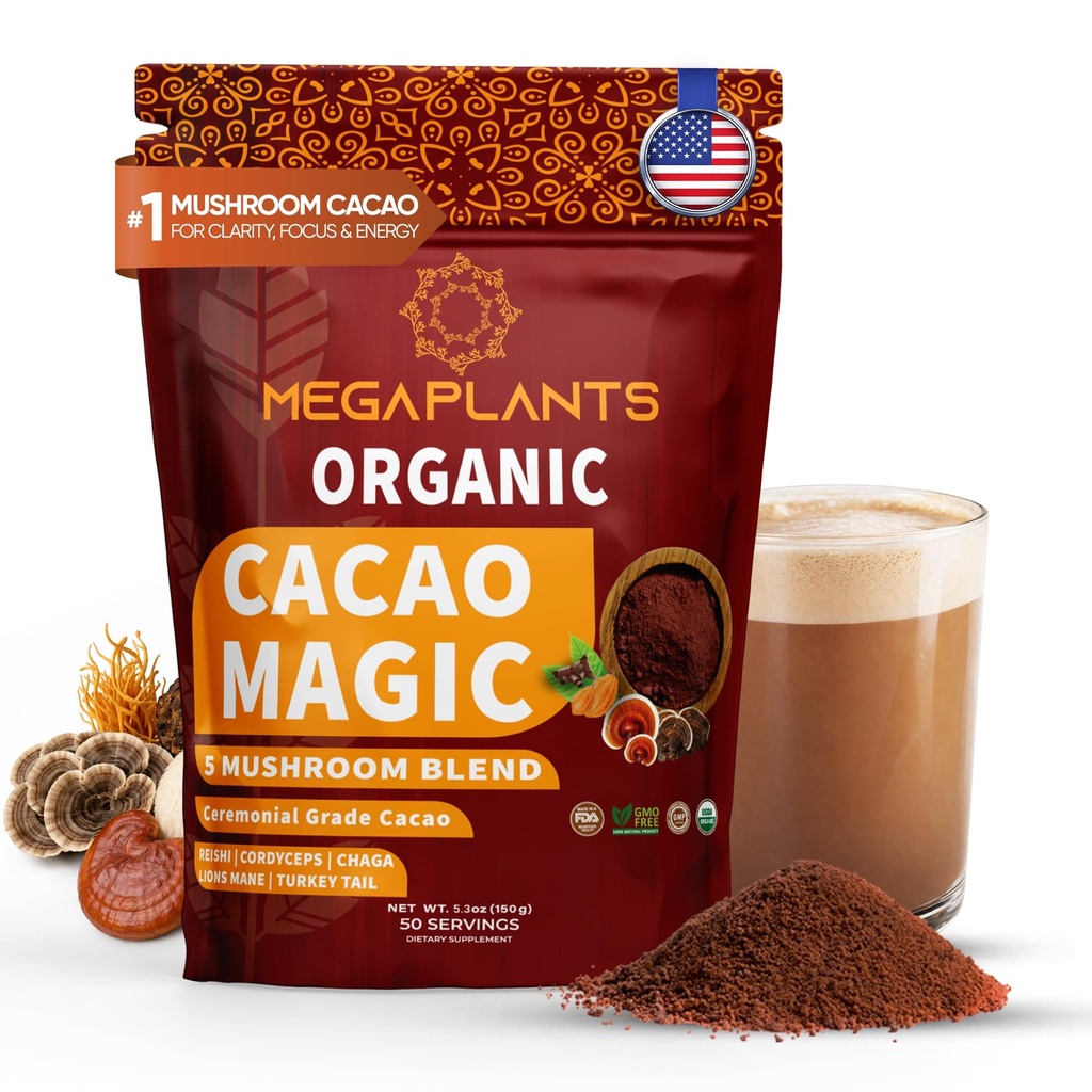 MegaPlants Cacao Magic (50 Servere) Note 124; Superfood 5 Mushroom Blend Note 124; Lions Mane, Reishi, Chaga, Cordyceps, Tyrkiet Tail