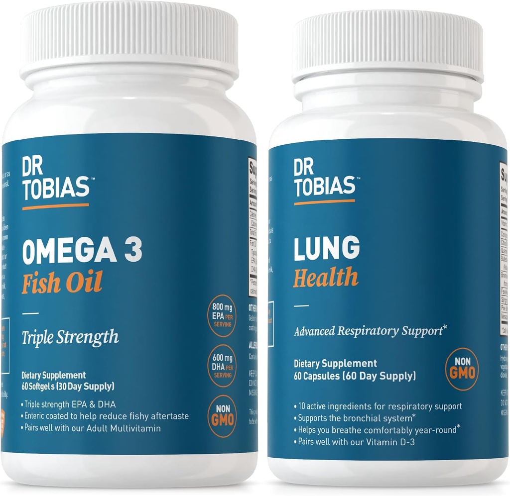 Dr. Tobias Omega 3 Fish Oil & Lung Health Supplements for Heart, Brain & Immune Support, Lung Cleanse & Detox Formula for Bronchial & Respiratory System, 60 Capsules