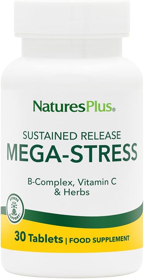 Natures Plus Mega Complex, Sustained Release - 30 vegetariske tabletter - B Complex, C-vitamin tillæg, kamille & urter - Gluten- Free - 30 Servere