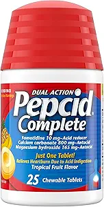 Pepcid Complete Acid Reducer + Antacida for Acid Reflux, 10mg Famotidin, 800mg Calciumcarbonat & 165mg Magnesiumhydroxid per Heartburn Tablet, Antacida Chews, Tropical Fruit, 25 ct
