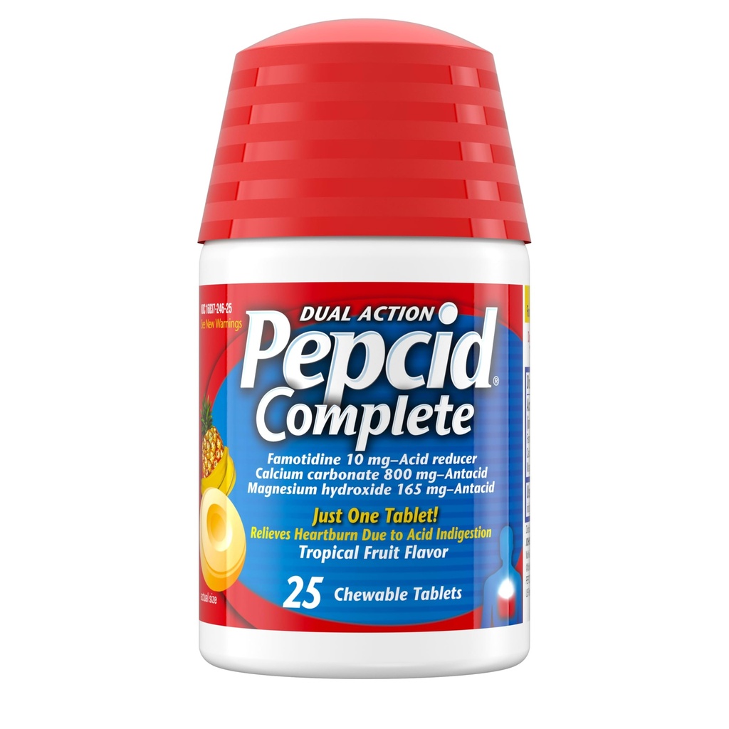 Pepcid Complete Acid Reducer + Antacida for Acid Reflux, 10mg Famotidin, 800mg Calciumcarbonat & 165mg Magnesiumhydroxid per Heartburn Tablet, Antacida Chews, Tropical Fruit, 25 ct