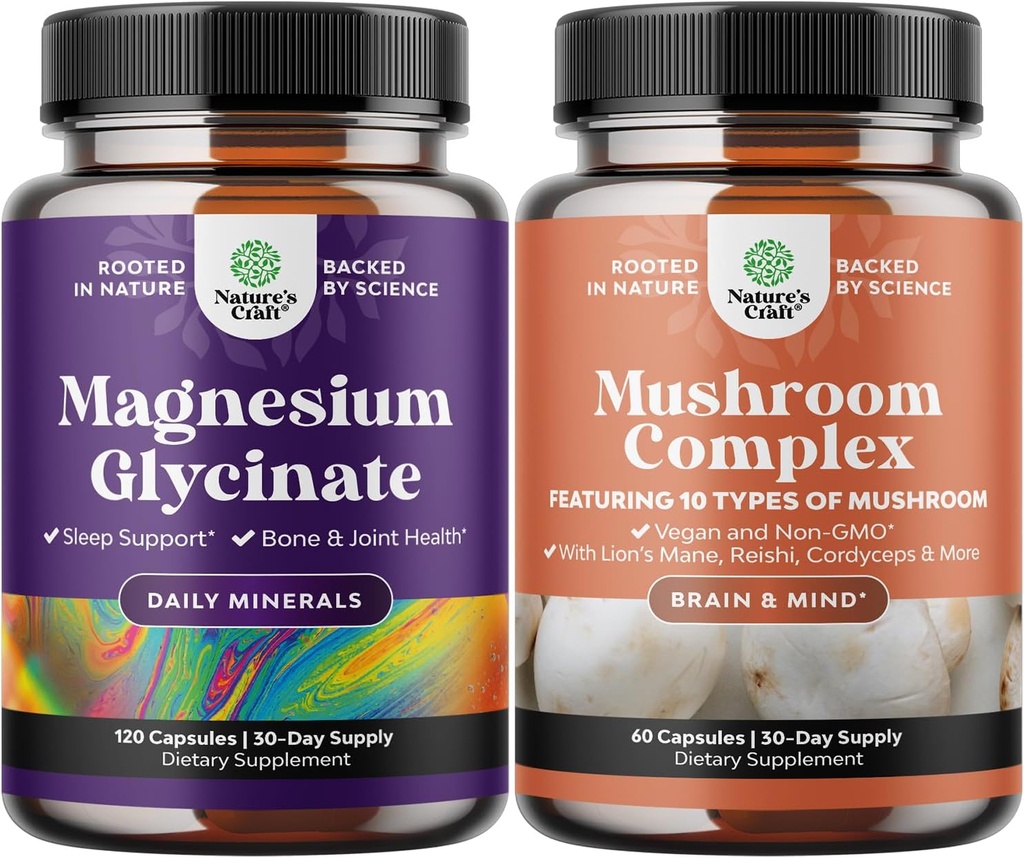 Bundle af Magnesium Glycinate Kapsler Mineral og Nootrop Brain Focus Mushroom - Immunstøtte Bone Health Mood Support - 10X Mushroom Blend for Sugar Balance og Mental Focus