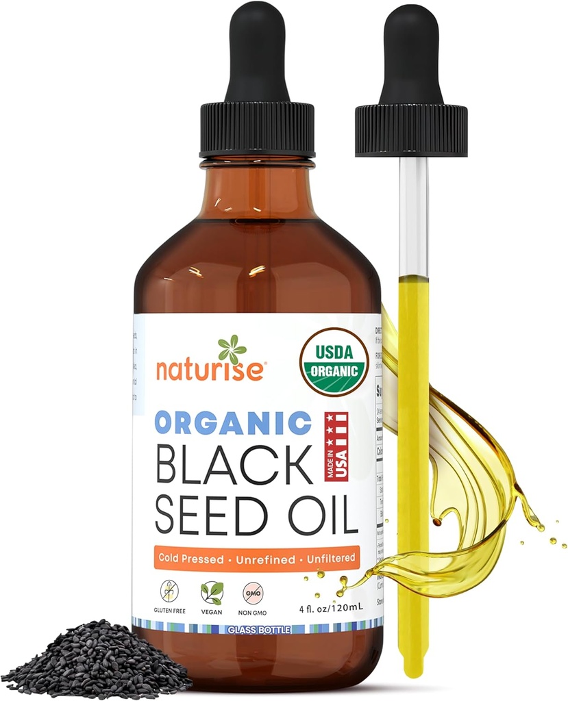 USDA Black Cumin Seed Oil Organic - Nigella Sativa Black Seed Oil Organic Cold Pressed & Uraffineret i glasflaske - Vegan, Non- GMO Blackseed Nails & Hair Growth Oliils (4 fl oz)