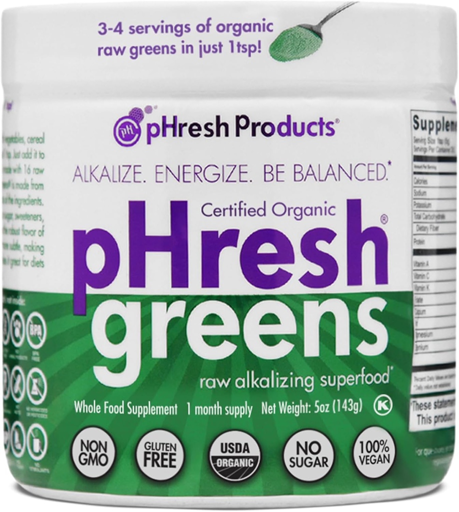 pHresh Greens Raw Alkaliserende Superfood Green Powder - 1 Måned Supply Department 124; Gluten- Free Department 124; Natural Enzymes
