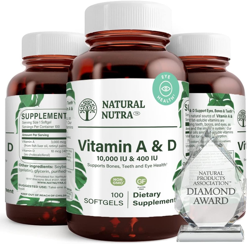 Natural Nutra Vitamin A and D, Supports Bone Health & Enhance Eye Health, Promotes Strong Teeth, Improves Vitality, Sourced from Cod Liver Oil, Supports Overall Health, 10000IU/400IU, 100 Softgels