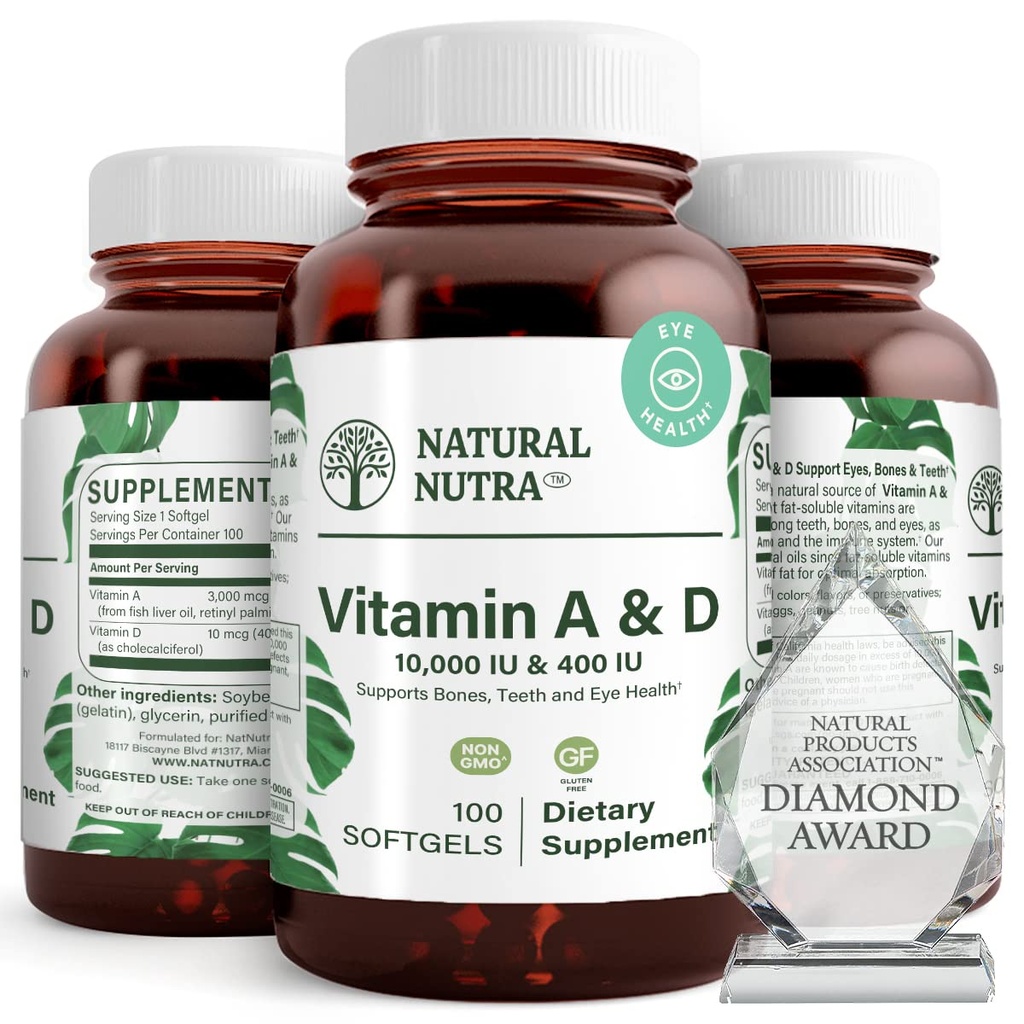 Naturlige Nutra Vitamin A og D, understøtter ben sundhed & forbedre øje sundhed, fremmer stærke tænder, Forbedrer Vitality, Sourced fra torsk leverolie, understøtter samlet sundhed, 10000IE / 400IE, 100 Softgels
