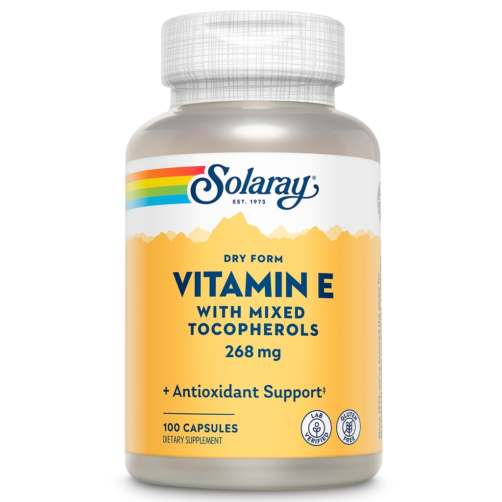 SOLARAY E 400 IE (268mg), tør form - Natural Source, Blandede tocopheroler E-vitamin - Antioxidant supplement, PMS og Menopause Support - 60- Day Garanti, Lab Verified - 100 Serv, 100 kapsler