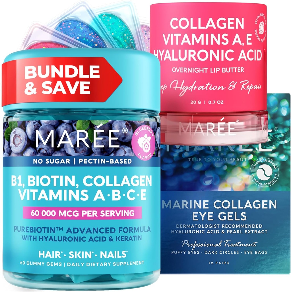MAREE Bundle - Vitamin B1 Thiamin Gummies, Lip Mask, Under Eye Gels - A, E, D, C Vitamin - Collagen & Hyaluronic Acid - Kompleks for hud, negle, hår - Mask for tørre læber - Gels for Puffy Eyes