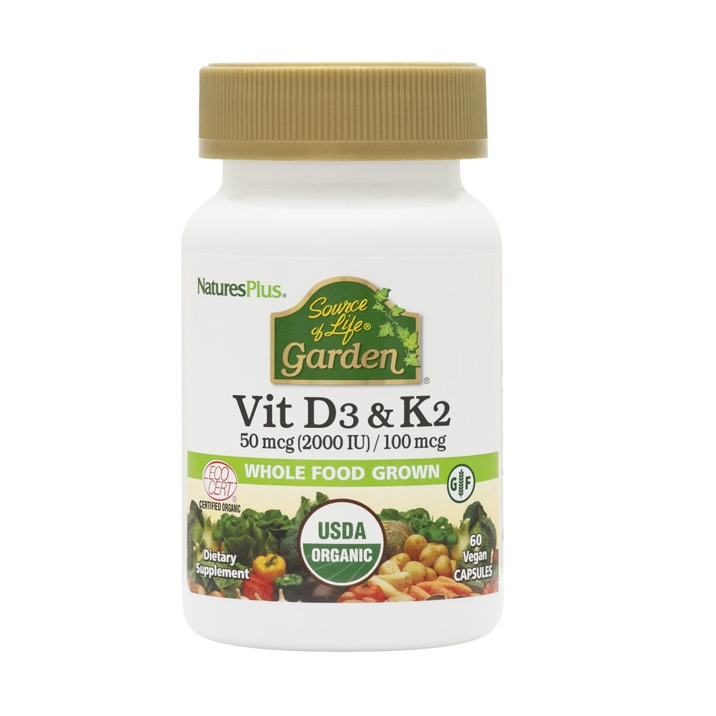 Natures Plus Kilde of Life Garden Vitamin D3 & K2- 60 Vegan Kapsler - Promoes Bone Support, Immunfunktion, Kardiovaskulær Sundhed & Mood Balance - Vegan, Gluten Free - 60 Servere