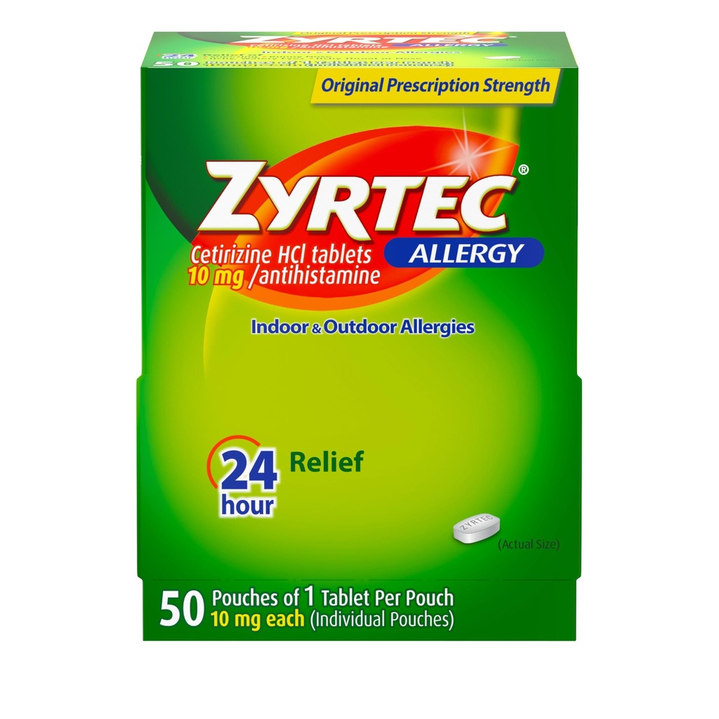 Zyrtec 24 timers Allergi Relief tabletter, individuelt indpakket Indendørs og Udendørs Allergi medicin med 10 mg Cetirizin HCl per Antihistamin tabletter, 1 tablet per pakning, 50 ct Dispensit pakning