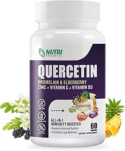 Quercetin med bromelain, Quercetin 500 mg kapsler, C-vitamin & D3, Zink og Elderberry - Advanced Lung Immunation and Respiratory Support Supplement - 60 kapsler