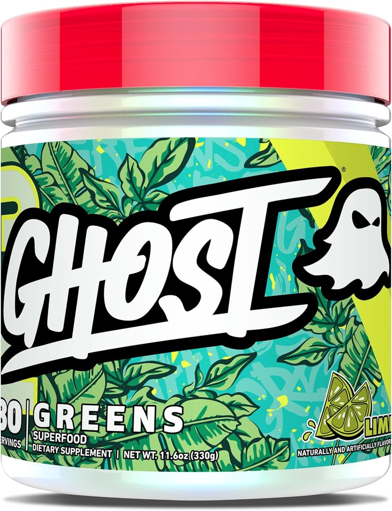 GHOST Green Powder, Lime - 30 Servering - 19 Superfood Green & Reds Powder, Frugter, Grøntsager, Spirulina, & Chlorella, Prebiotics, 10 Millioner CFU Probiotika & fordøjelsesenzymer - Gluten- Free