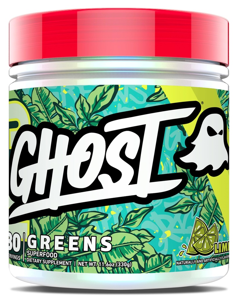 GHOST Green Powder, Lime - 30 Servering - 19 Superfood Green & Reds Powder, Frugter, Grøntsager, Spirulina, & Chlorella, Prebiotics, 10 Millioner CFU Probiotika & fordøjelsesenzymer - Gluten- Free