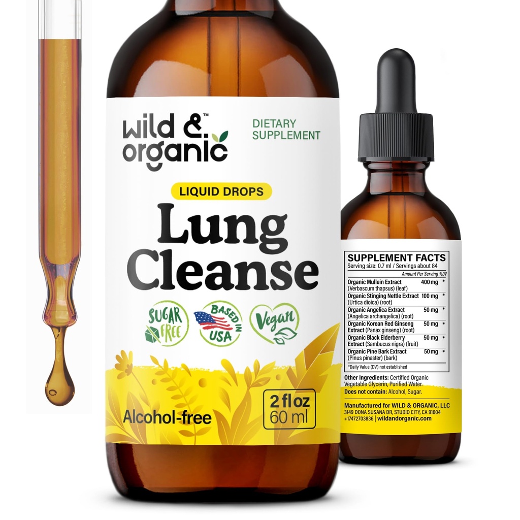 Wild & Organic Lung Cleanse Tinktur - Mullein Leaf Extract til Lunger - Urteafvænning kosttilskud - Vegan, Sukker & Alkohol- Gratis Mullein Drops - 2 fl oz
