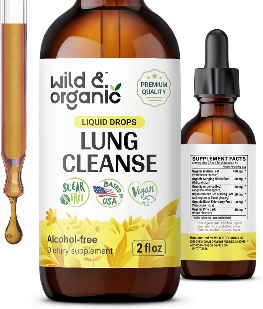 Wild & Organic Lung Cleanse Tinktur - Mullein Leaf Extract til Lunger - Urteafvænning kosttilskud - Vegan, Sukker & Alkohol- Gratis Mullein Drops - 2 fl oz