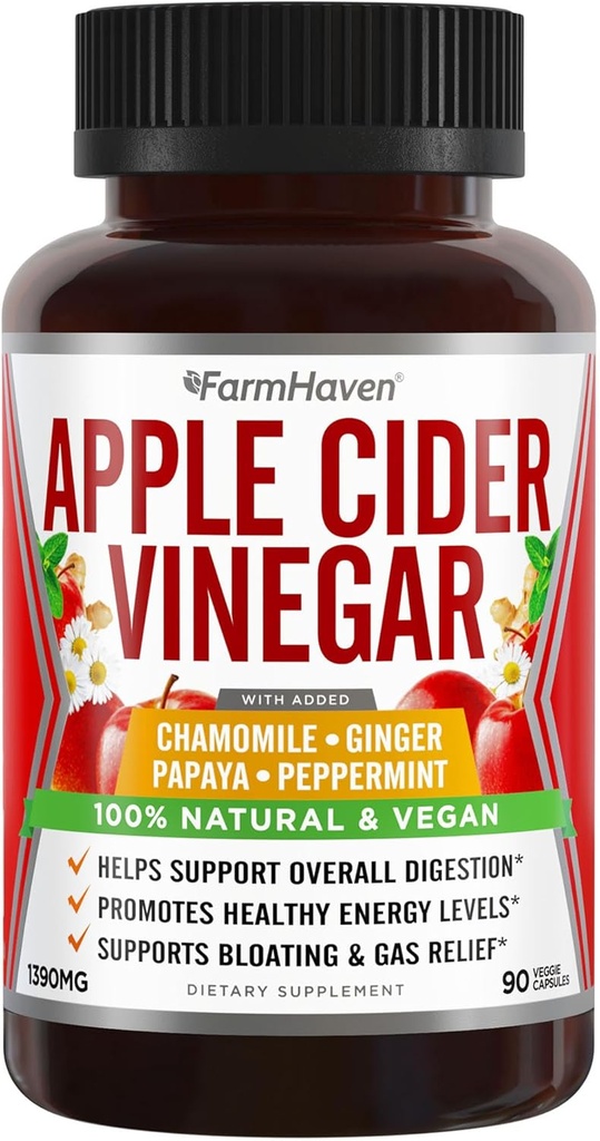 Apple Cider Vincile kapsler med ingefær, Papaya & Chamomile • 124; 1390mg • 124; Forbedrer fordøjelsen, energi, immunitet • 124; Lindrer gas & bloating problemer • 124; Ligesom med mor • 124; Non- GMO & 100% naturlige kapsler