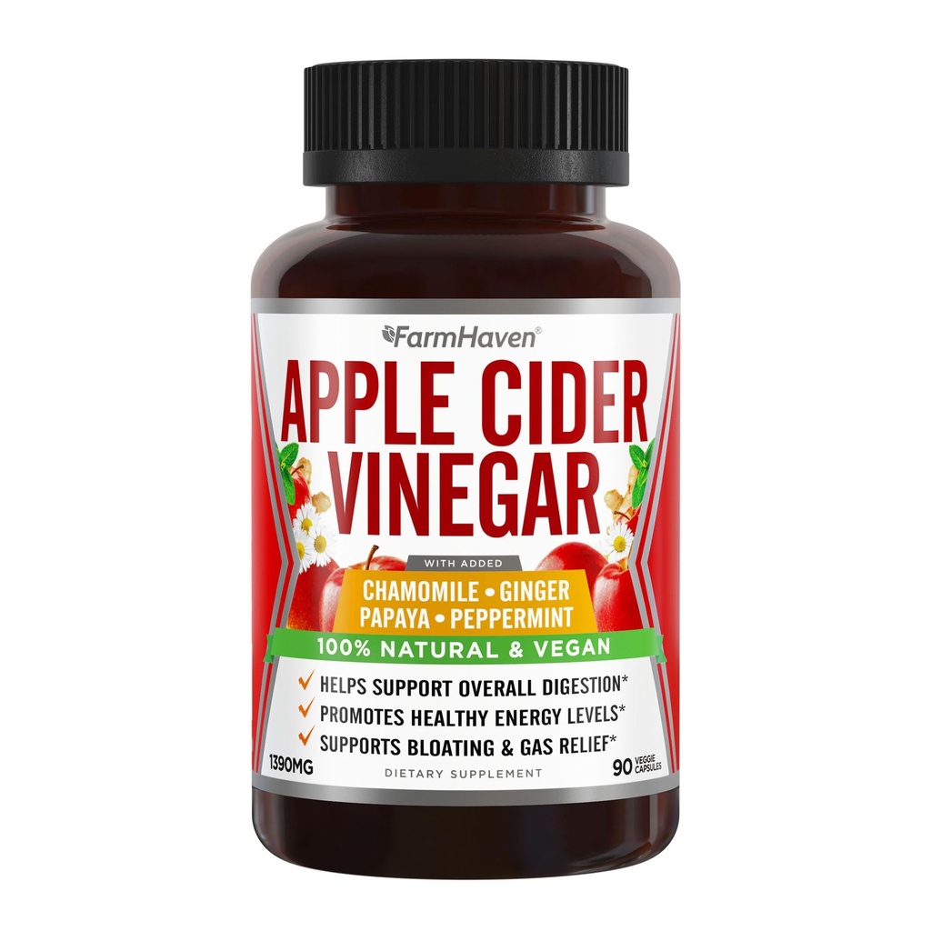 Apple Cider Vincile kapsler med ingefær, Papaya & Chamomile • 124; 1390mg • 124; Forbedrer fordøjelsen, energi, immunitet • 124; Lindrer gas & bloating problemer • 124; Ligesom med mor • 124; Non- GMO & 100% naturlige kapsler