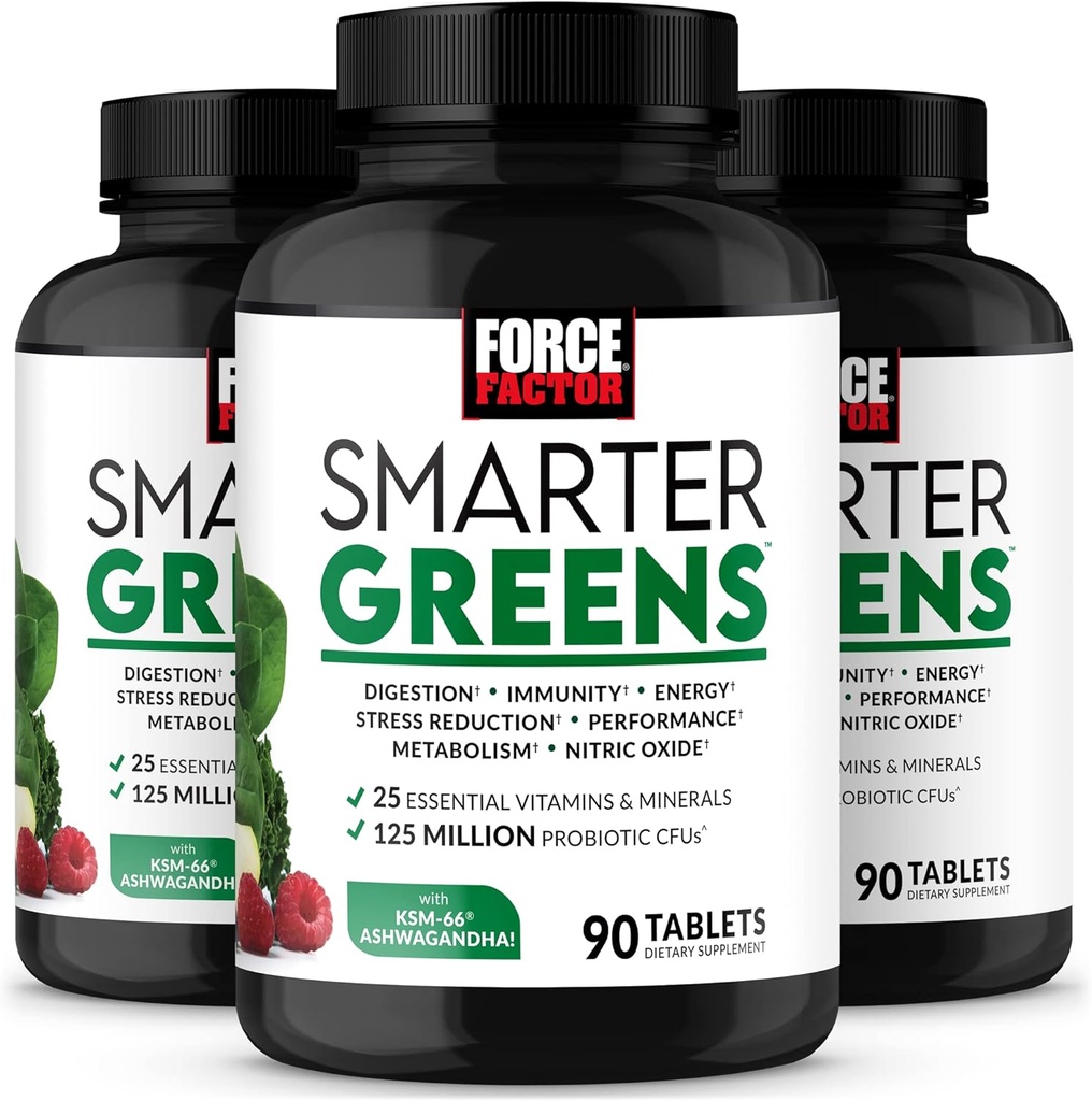FORCE FACTOR Smartere grønne tabletter, 3- Pack, grønne tillæg med 25 + superfødevarer og antioxidanter til at forbedre fordøjelsen, reducere stress, styrke immunitet, og støtte Metabolisme, 270 tabletter