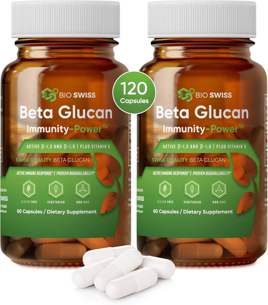 Bio Swiss Beta glucan Immunity Power - 1,3D- 1,6D glucan med D-vitamin - immunsupport supplement til forbedret forsvar og wellness - Vegan, Gluten- Free (120 kapsler)