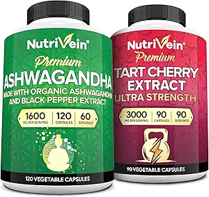 Nutrivein Premium Ashwagandha Kapsler & Tart Cherry Kapsler Bundle: High- Absorption Tart Cherry Extract og Ashwagandha Kosttilskud til inddrivelse, balance og Vitality
