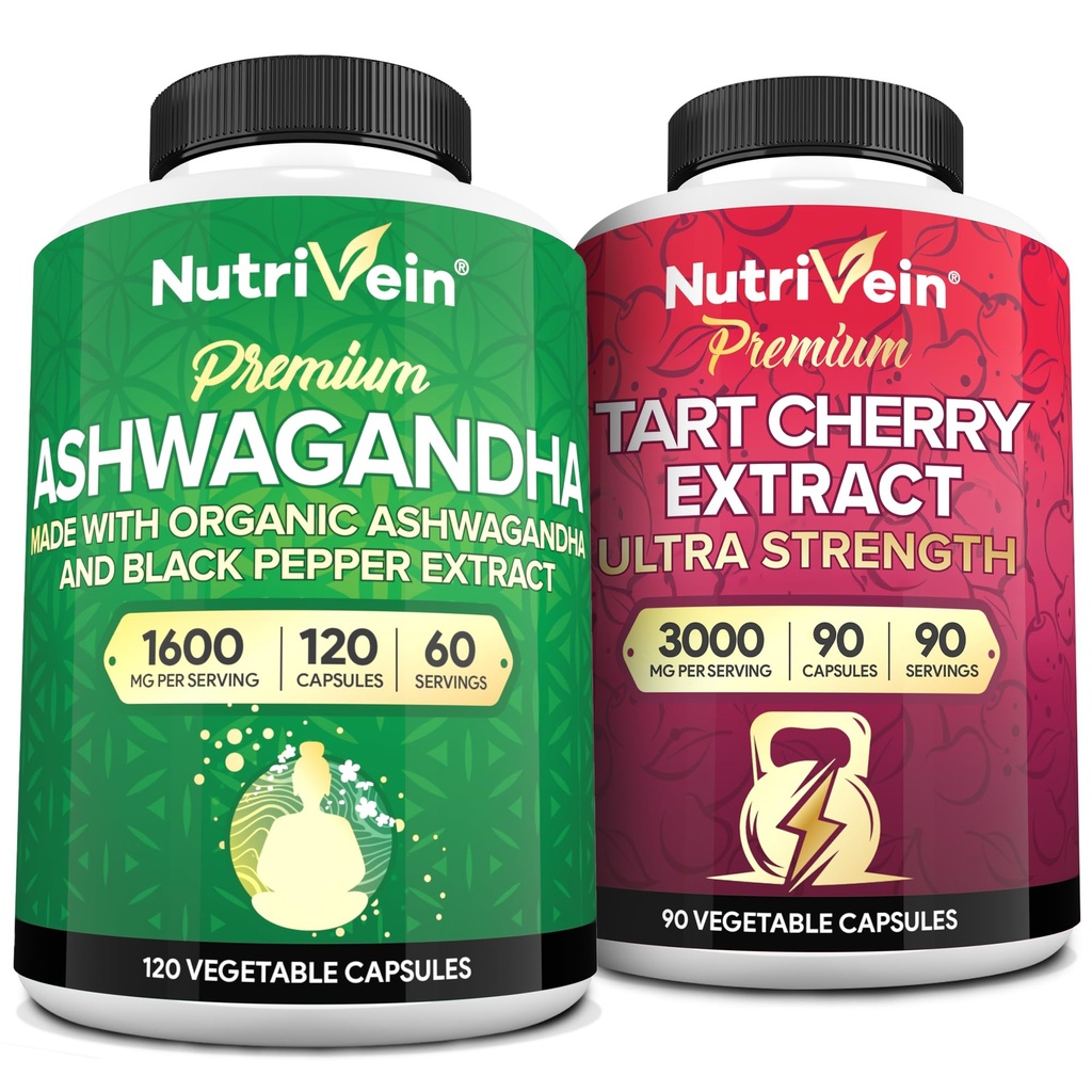 Nutrivein Premium Ashwagandha Kapsler & Tart Cherry Kapsler Bundle: High- Absorption Tart Cherry Extract og Ashwagandha Kosttilskud til inddrivelse, balance og Vitality