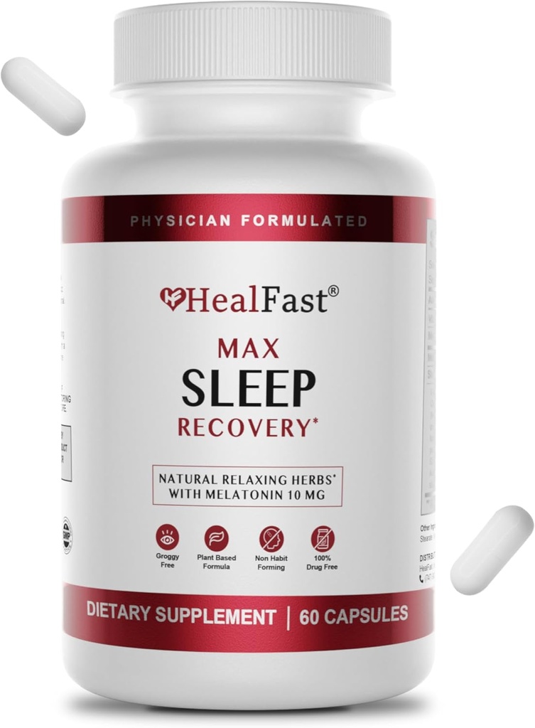 HealFast Læge Formuleret Max søvnhjælp med ekstra styrke Melatonin 10mg - Hurtig opløsning - Naturlig søvn hjælpemidler til voksne - Melatonin piller - Urter, Aminosyrer, og Melatonin - 60 Ct