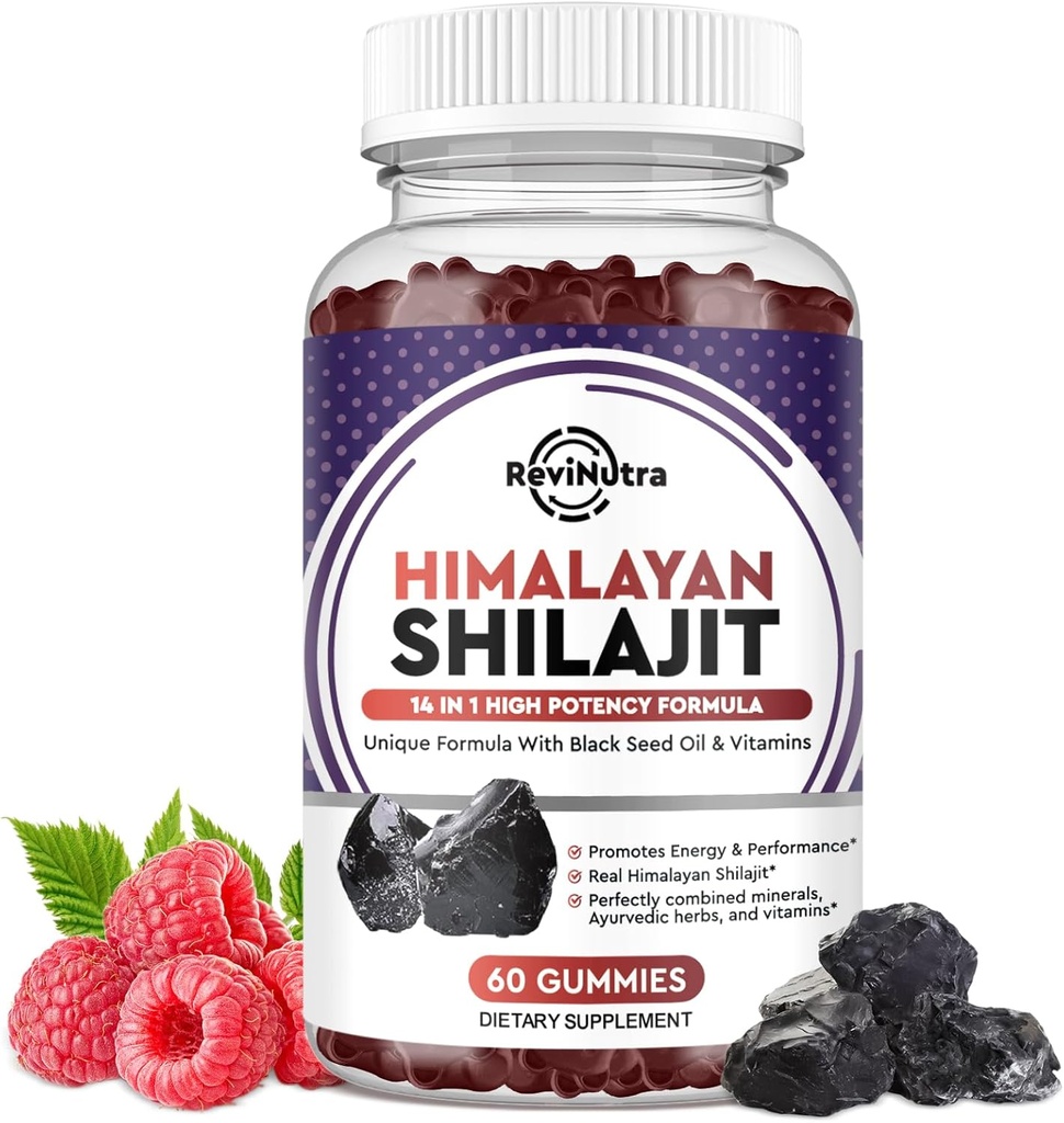 Shilajit Gummies - Himalaya Organic Shilajit Supplement 14-in-1 Kompleks med Black Seed Oil & Ayurvedic Herb Blend, Fulvic Acid for mænd og kvinder - for energi, Kognitiv & Immunitet støtte