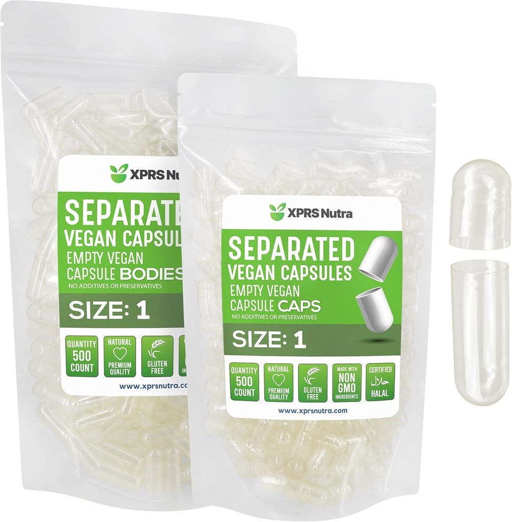 XPRS Nutra Vegan Størrelse 1 Separated Kapsler - 500 Grev Premium Tomme Kapsler Separeret i sække - Clear Pills 1 Tom for DIY Supplement Fyldning